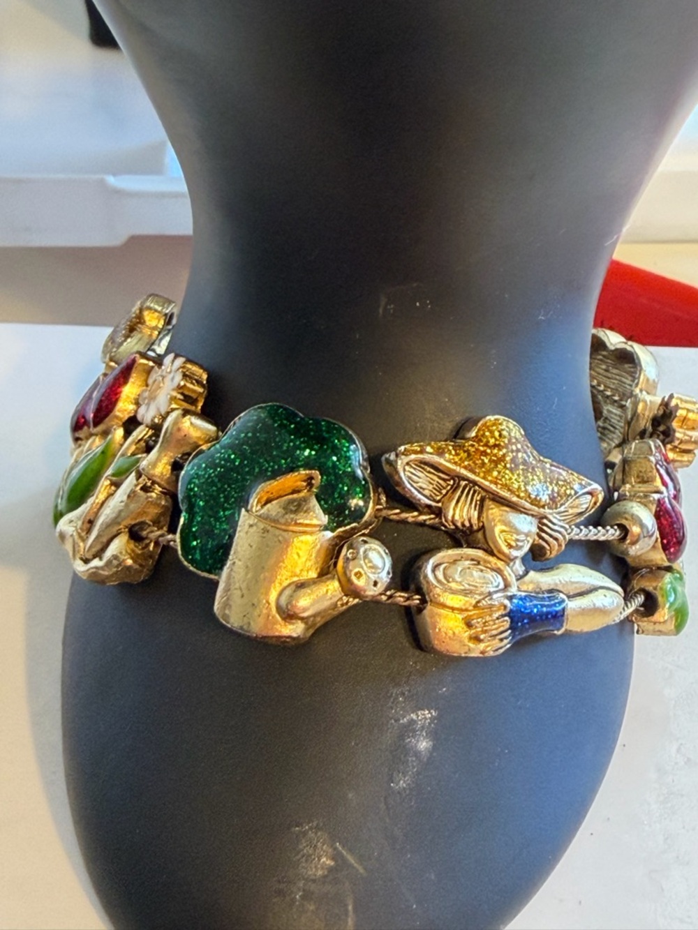 Gold-Tone Floral and Garden Charm Bracelet - Green, Red, White Glitter Enamel 7” - Picture 4 of 8